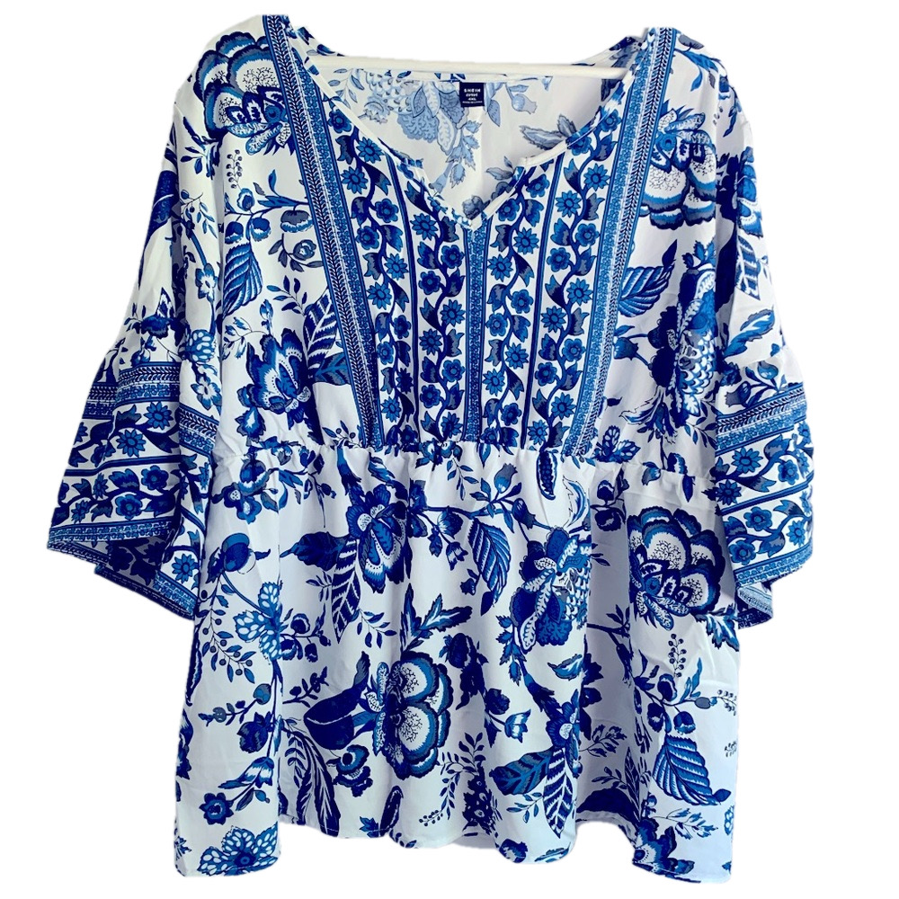 SHEIN Curve Blue White Floral Boho Peplum Blouse Bell Sleeve 4XL